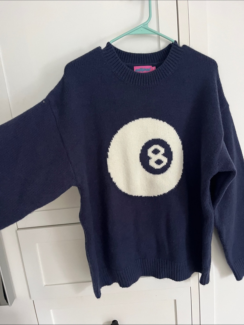 Edikted Navy Crewneck Sweater with White 8-Ball Graphic